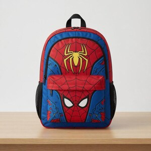 A Spiderman-themed backpack is displayed on a wooden surface against a white background.