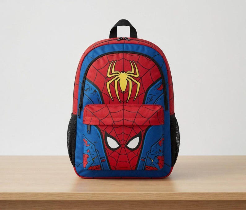 A Spiderman-themed backpack is displayed on a wooden surface against a white background.