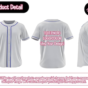 The image is a product detail for a baseball jersey, showing three views of the jersey from the front, back, and side.