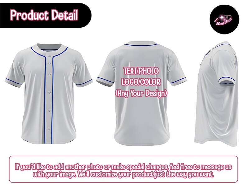 The image is a product detail for a baseball jersey, showing three views of the jersey from the front, back, and side.