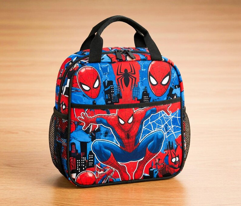 A colorful lunch bag featuring the Spider-Man character, with various Spider-Man logos and designs.