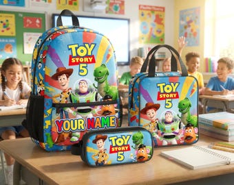 Personalized Toy Story 5 Backpack Set, Custom Buzz Lightyear Woody Jessie School Bag with Lunch Tote and Pencil Case