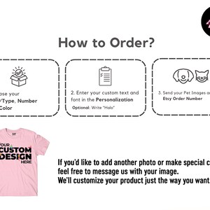 The image is a promotional graphic for a customizable t-shirt design service. It features a pink t-shirt with the text "Your Custom Design Here" and three steps for ordering a custom t-shirt: choosing the size/type, entering the personalization, and sending the pet images and order number. The image also includes a message encouraging customers to add photos and make special changes, and it mentions that the service customizes the product to the customer's preferences.