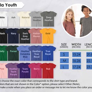 The image is a collage of various t-shirt designs, including different colors and styles, along with a photo of two young girls wearing the t-shirts. The collage also includes size and width information for the t-shirts.