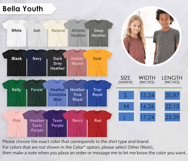 The image is a collage of various t-shirt designs, including different colors and styles, along with a photo of two young girls wearing the t-shirts. The collage also includes size and width information for the t-shirts.