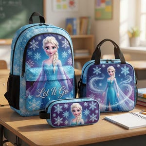 A backpack featuring a character from the Disney movie Frozen, a lunch bag, and a pencil case are displayed on a desk in a classroom setting.