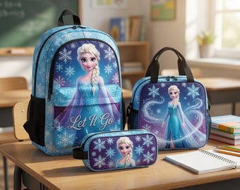 Personalized Elsa Frozen Backpack Set, Custom School Bag with Lunch Tote and Pencil Case, Back to School Gift for Kids