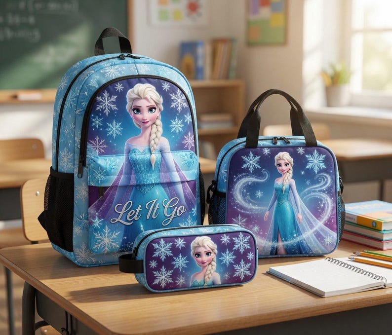 A backpack featuring a character from the Disney movie Frozen, a lunch bag, and a pencil case are displayed on a desk in a classroom setting.
