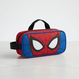 A red and blue rectangular bag with a Spiderman mask design on it.
