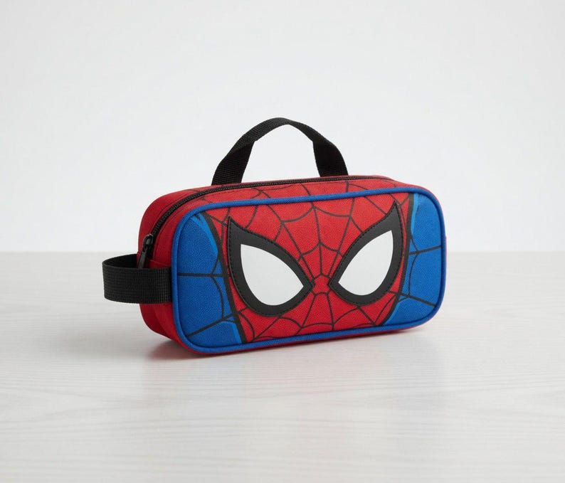 A red and blue rectangular bag with a Spiderman mask design on it.