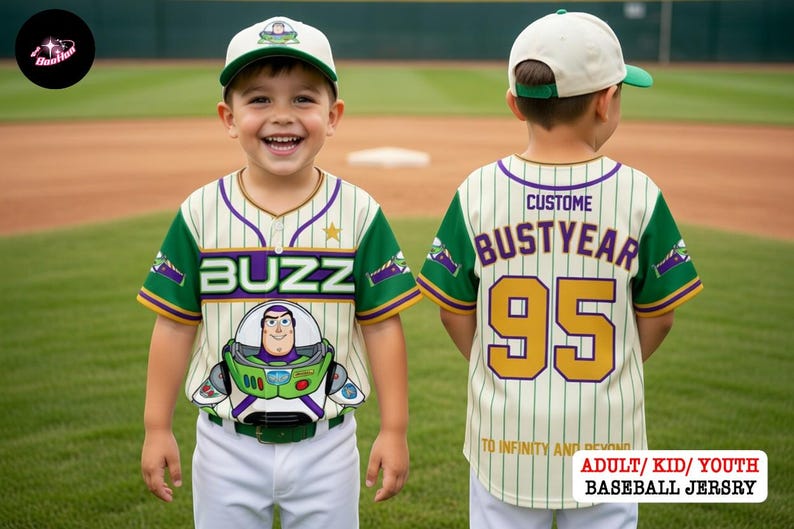 A young boy wearing a Buzz Lightyear baseball jersey and cap, smiling and posing on a baseball field.