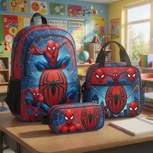 A Spiderman-themed backpack, pencil case, and lunch bag are displayed on a table in a colorful classroom setting.
