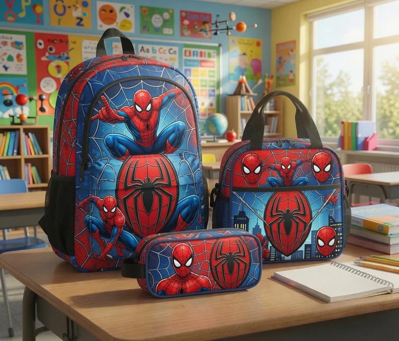 A Spiderman-themed backpack, pencil case, and lunch bag are displayed on a table in a colorful classroom setting.