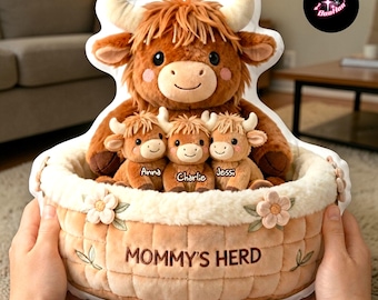 Personalized Nana’s Herd Highland Cow Pillow, Custom Grandkids Names Cow Family Cushion, Highland Cow Nana Gift, Farm Animal Plush Pillow