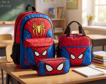 Custom Spider-Man School Backpack, Personalized Superhero 3-Piece Set with Lunch Tote and Pencil Pouch