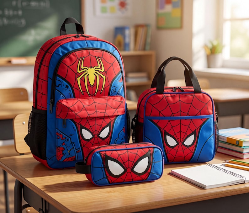 A Spiderman-themed backpack, a lunch bag, and a pencil case are displayed on a wooden desk in a classroom setting.