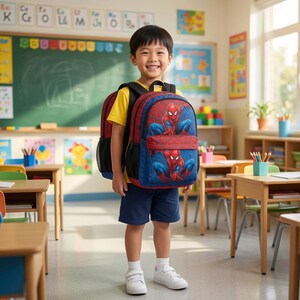 A young boy wearing a Spiderman backpack stands in a colorful classroom, smiling at the camera.