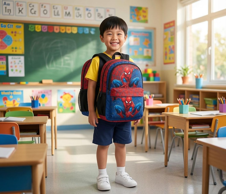 A young boy wearing a Spiderman backpack stands in a colorful classroom, smiling at the camera.