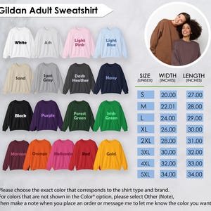The image is a collage of various adult sweatshirts in different colors and sizes, along with a photo of two people posing together. The image includes a table with size and width information for each sweatshirt, as well as a list of color options and corresponding prices.