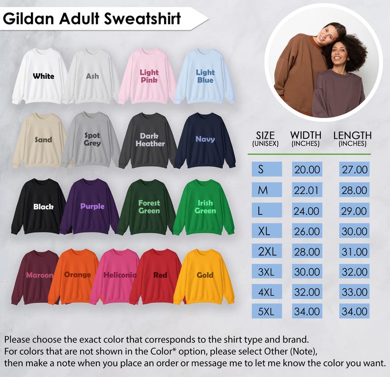 The image is a collage of various adult sweatshirts in different colors and sizes, along with a photo of two people posing together. The image includes a table with size and width information for each sweatshirt, as well as a list of color options and corresponding prices.