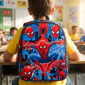 A child wearing a Spiderman backpack is sitting at a desk in a classroom, with other children visible in the background.