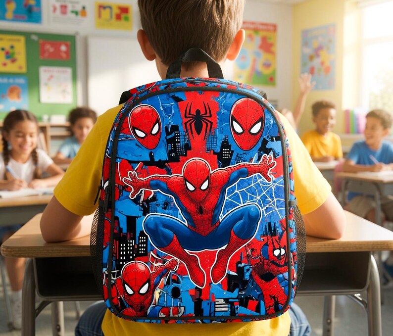 A child wearing a Spiderman backpack is sitting at a desk in a classroom, with other children visible in the background.
