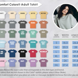 The image is an advertisement for an adult t-shirt, featuring a variety of different colored t-shirts and a woman's portrait.
