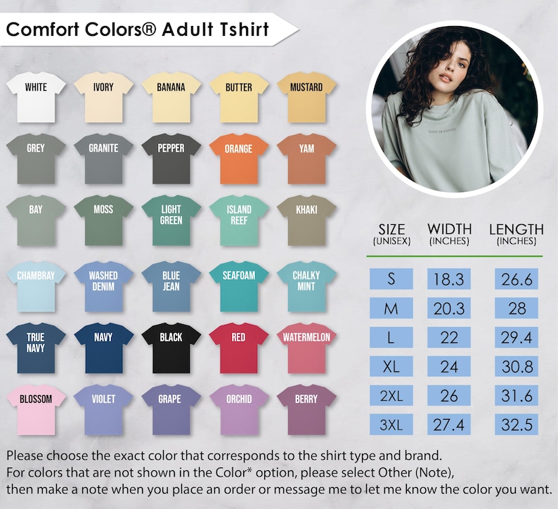The image is an advertisement for an adult t-shirt, featuring a variety of different colored t-shirts and a woman's portrait.