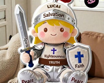 Personalized Armor of God Pillow for Kids, Christian Plush Warrior Doll, Custom Name Bible Verse Gift, Faith Nursery Decor