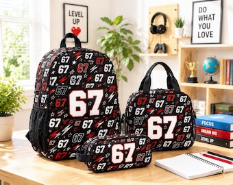 Custom 67 School Backpack Set, Personalized Student Book Bag with Matching Lunch Box and Pencil Case for Kids
