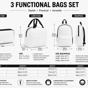 The image is a 3 functional bags set that includes a pencil case, lunch bag, and backpack. The pencil case is 22cm x 27cm, the lunch bag is 22cm x 27cm, and the backpack is 22cm x 27cm. The image also provides dimensions and features such as durability, smooth zipper, comfortable and convenient design, and multi-purpose functionality.