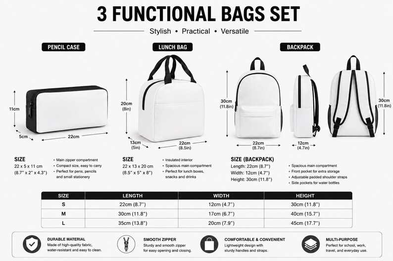 The image is a 3 functional bags set that includes a pencil case, lunch bag, and backpack. The pencil case is 22cm x 27cm, the lunch bag is 22cm x 27cm, and the backpack is 22cm x 27cm. The image also provides dimensions and features such as durability, smooth zipper, comfortable and convenient design, and multi-purpose functionality.