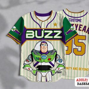 Buzz Lightyear baseball jersey with the character on the front and the number 55 on the back.