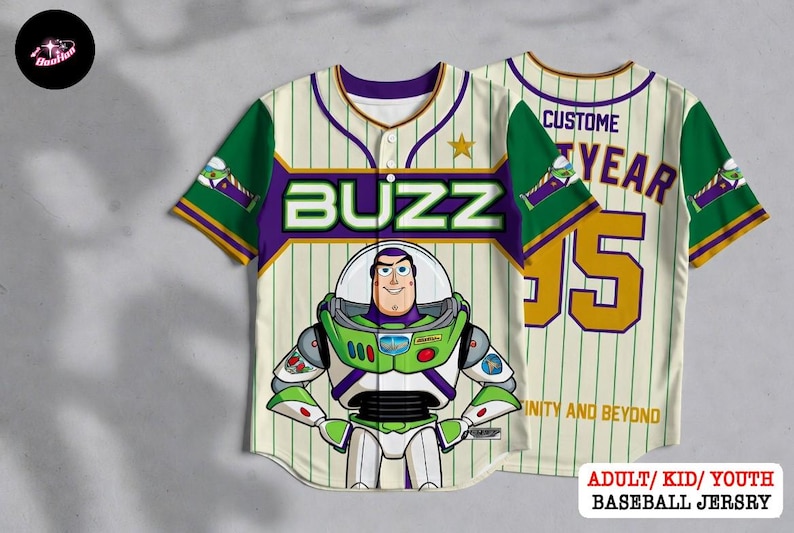 Buzz Lightyear baseball jersey with the character on the front and the number 55 on the back.