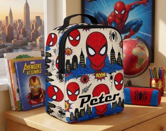 Spider-Man Backpack and Lunch Kit, Personalized School Essentials Set with Custom Pencil Pouch for Students