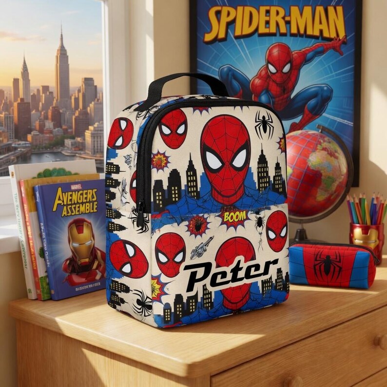 A Spider-Man themed lunch bag with the character Peter on it, placed on a wooden surface next to a Spider-Man poster and some books.