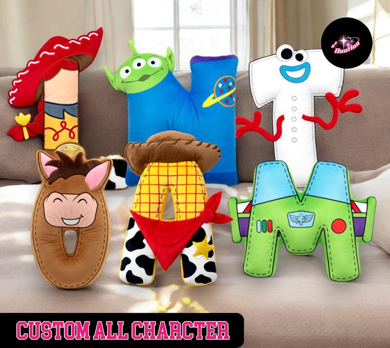A collection of plush toys representing characters from the Toy Story franchise, including Woody, Buzz Lightyear, and other beloved characters.