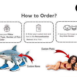 The image is a visual guide or menu for ordering a custom pillow, featuring a shark and a woman. The guide provides instructions on how to order a pillow, including choosing the size/type, entering custom text and font, sending pet images and an order number, and customizing the pillow with a photo and name.