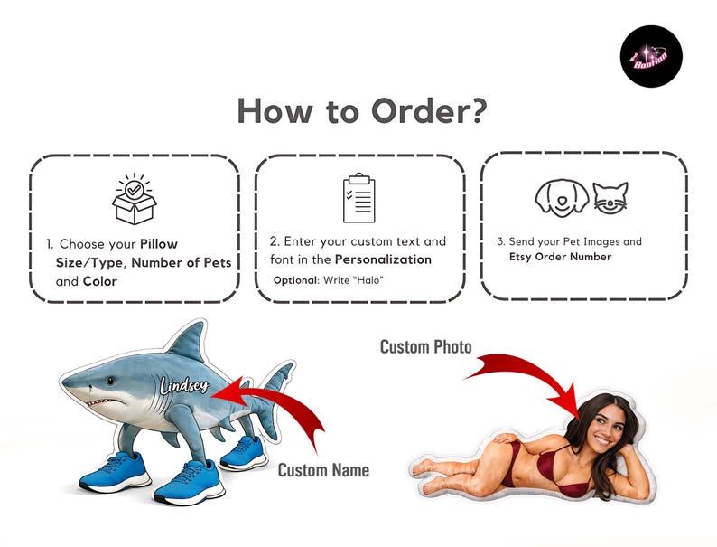 The image is a visual guide or menu for ordering a custom pillow, featuring a shark and a woman. The guide provides instructions on how to order a pillow, including choosing the size/type, entering custom text and font, sending pet images and an order number, and customizing the pillow with a photo and name.