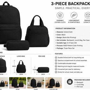 The image is a product information sheet for a 3-piece backpack set, featuring various designs and sizes of the backpack, lunch bag, and pen case.