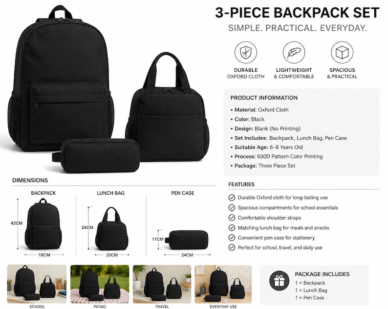 The image is a product information sheet for a 3-piece backpack set, featuring various designs and sizes of the backpack, lunch bag, and pen case.
