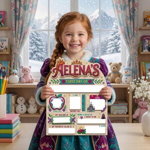 A young girl in a purple dress is holding a personalized first day of school sign with various sections for her to fill in, including her name, age, favorite color, and other details.