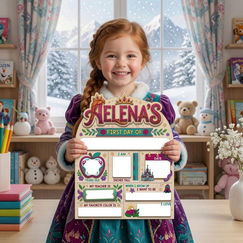 A young girl in a purple dress is holding a personalized first day of school sign with various sections for her to fill in, including her name, age, favorite color, and other details.