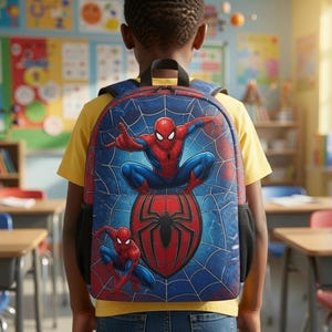 A child wearing a Spiderman backpack stands in a classroom with colorful posters on the walls.