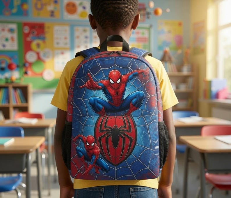 A child wearing a Spiderman backpack stands in a classroom with colorful posters on the walls.