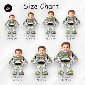 The image is a size chart that shows the dimensions of different figures, including a character resembling Buzz Lightyear from the Toy Story franchise.