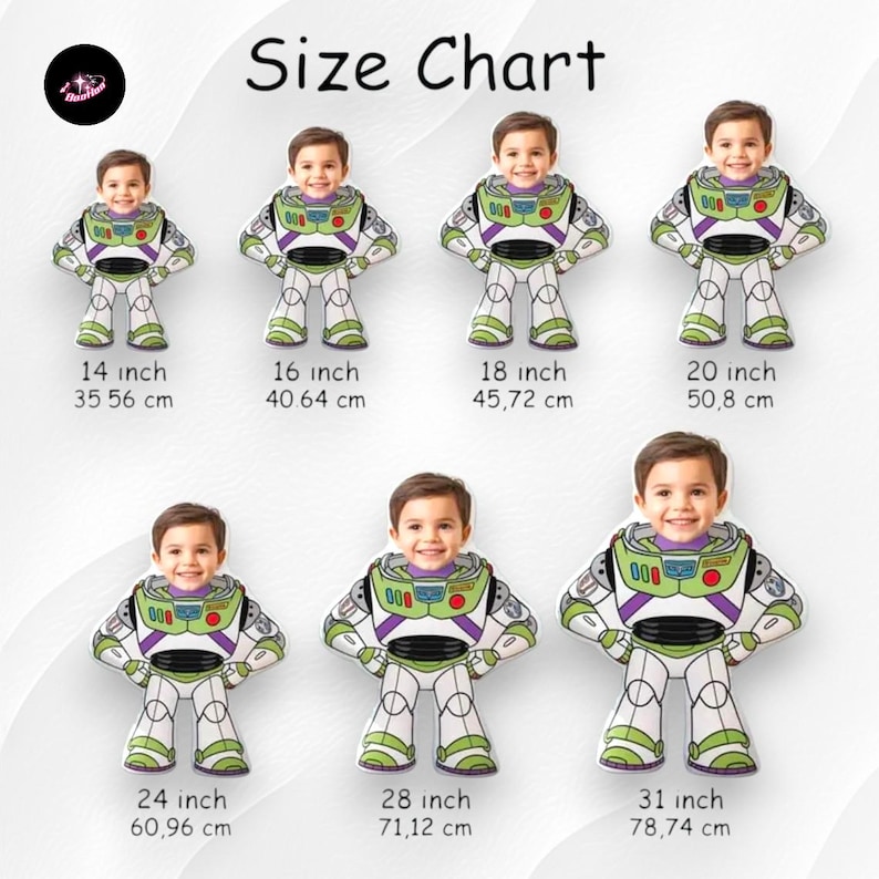 The image is a size chart that shows the dimensions of different figures, including a character resembling Buzz Lightyear from the Toy Story franchise.