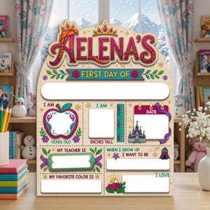 A colorful and detailed first day of school board for a child named Aeline, featuring various personal details and illustrations.