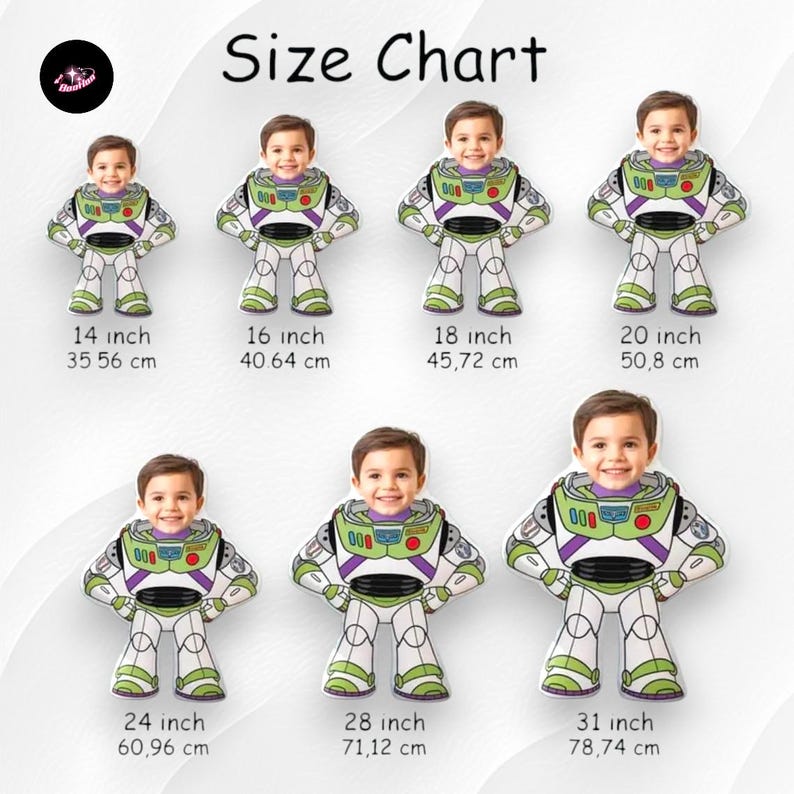 The image is a size chart that shows the dimensions of different figures, including a character resembling Buzz Lightyear from the Toy Story franchise.