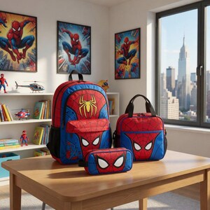 A Spiderman-themed backpack, pencil case, and lunch bag are displayed on a wooden table in a room with a city skyline visible through a window.